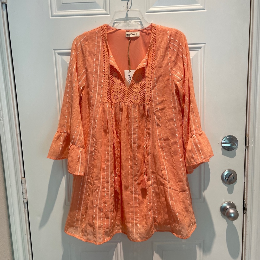 Boutique Apricot Peach Orange Lace Tassels Bell Sleeve Shift Dress Size Small